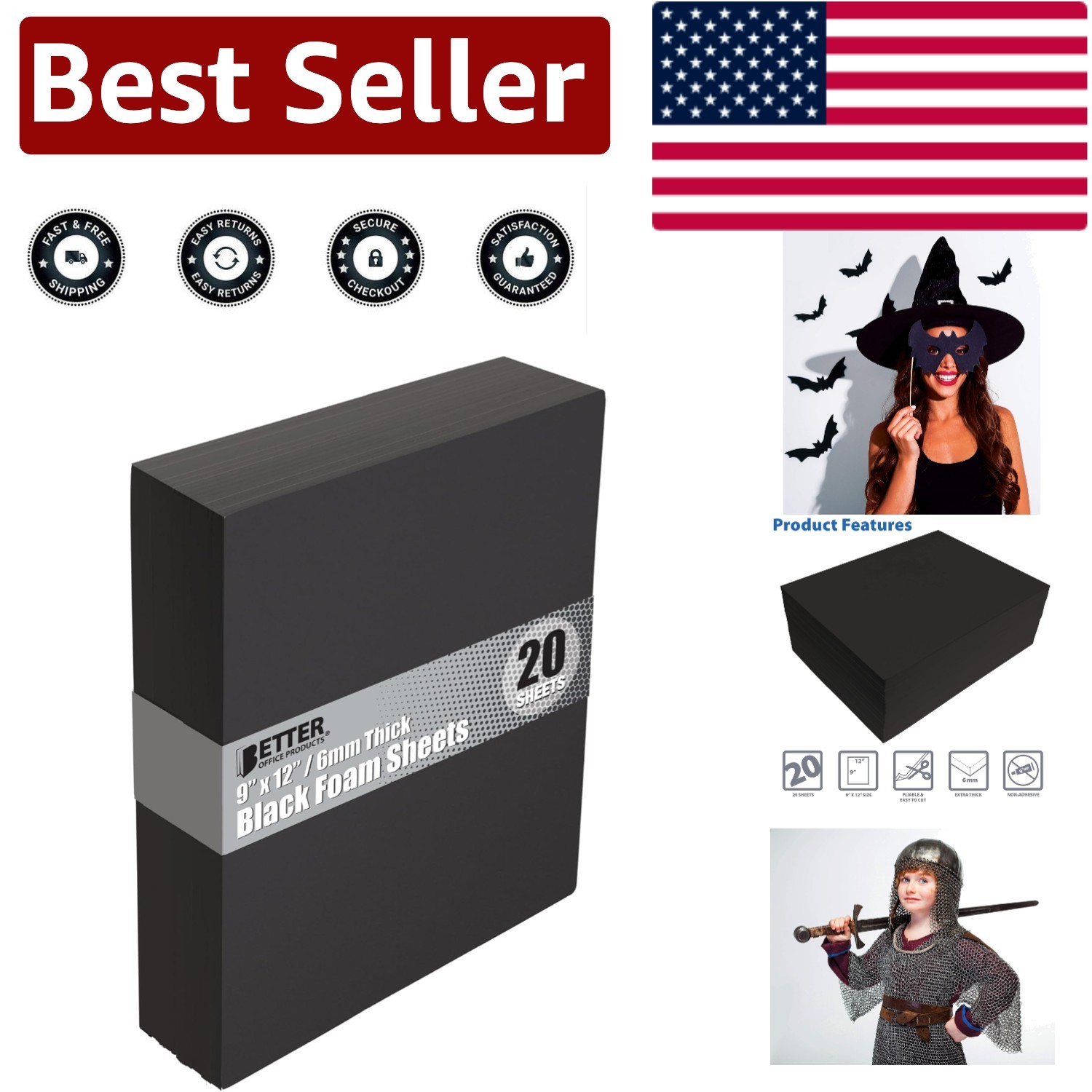 Saturated Black EVA Foam Sheets, 20 Pack - 9x12 Inch for Crafting & Cosplay