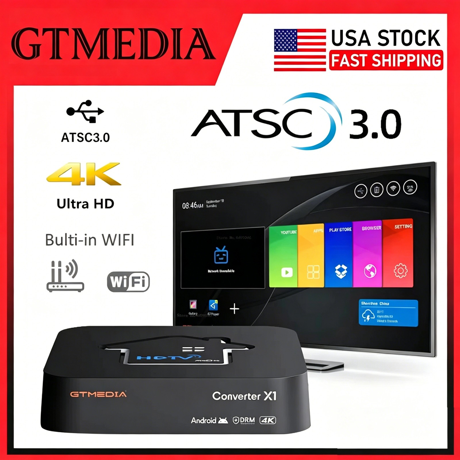 GTMEDIA HDTV Converter X1 4K HDR ATSC 3.0/1.0 OTA Digital TV Tuner Box HDMI WIFI