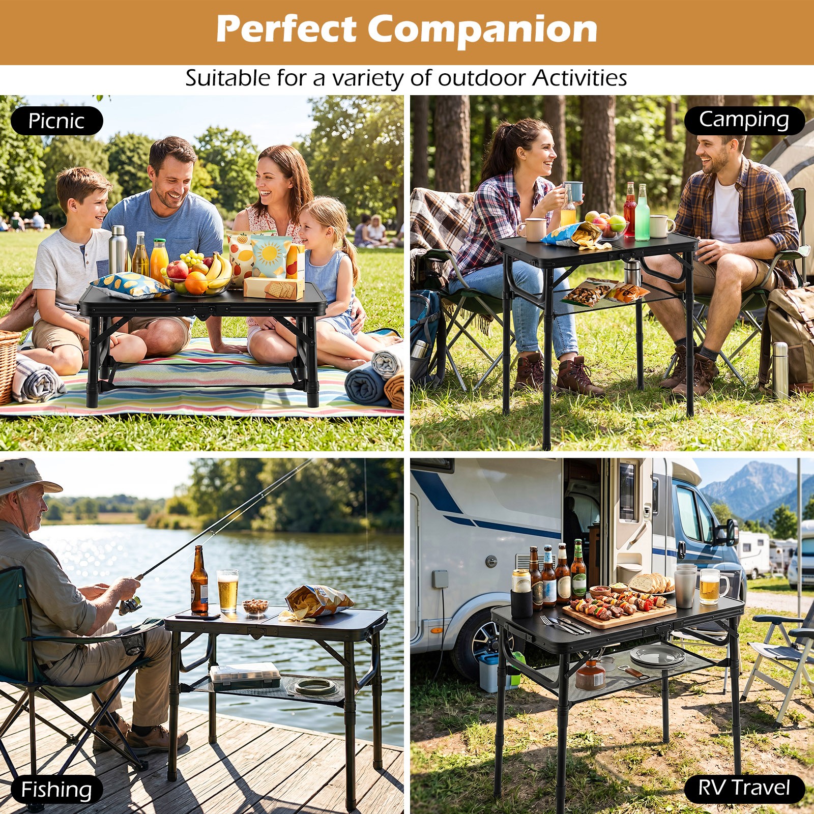 2 FT Small Folding Camping Table w/3 Adjustable Heights Storage Net Carry Handle