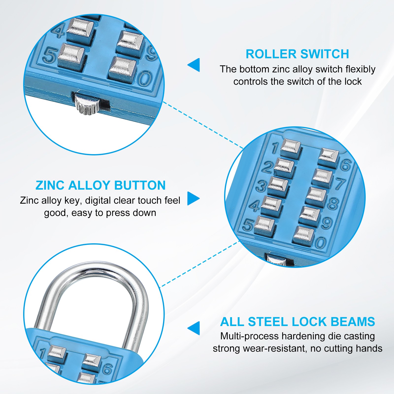 2Pcs Push Button Combination Padlock 10-Digit 5-Position Lock Lake Blue