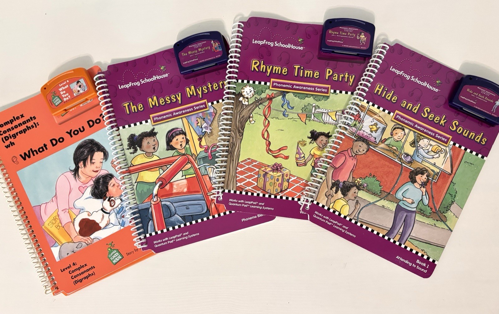 LeapFrog SchoolHouse Book & Cartridge Lot What Do You Do Rhyme Time Hide & Seek