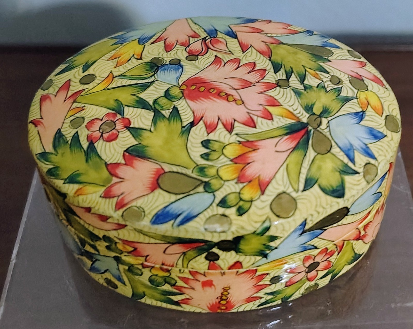Lacquer Trinket Box Hand Painted Floral  Paper Mache 3.25" Vintage India