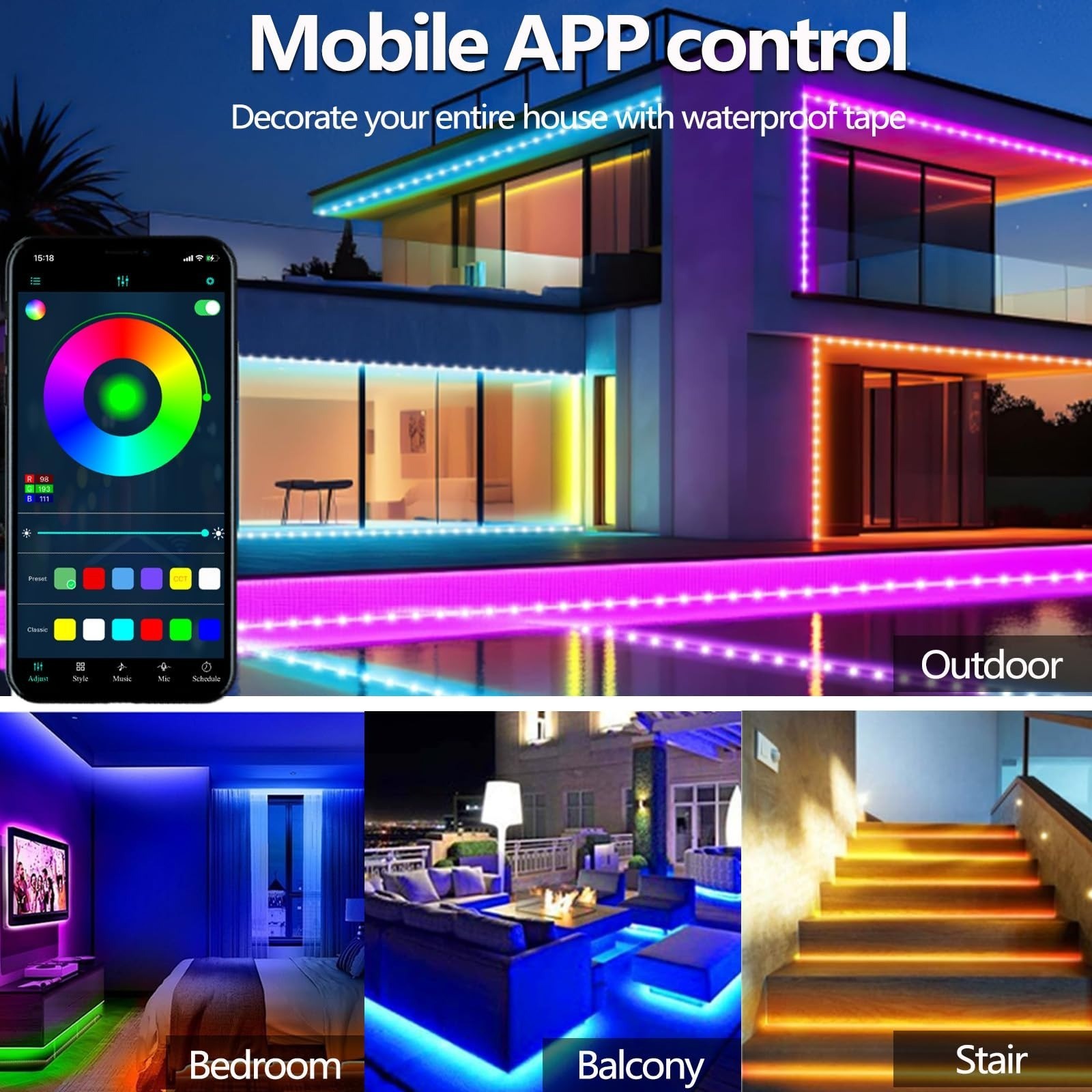 50FT LED Strip Lights Waterproof Music Sync Bluetooth Remote Control