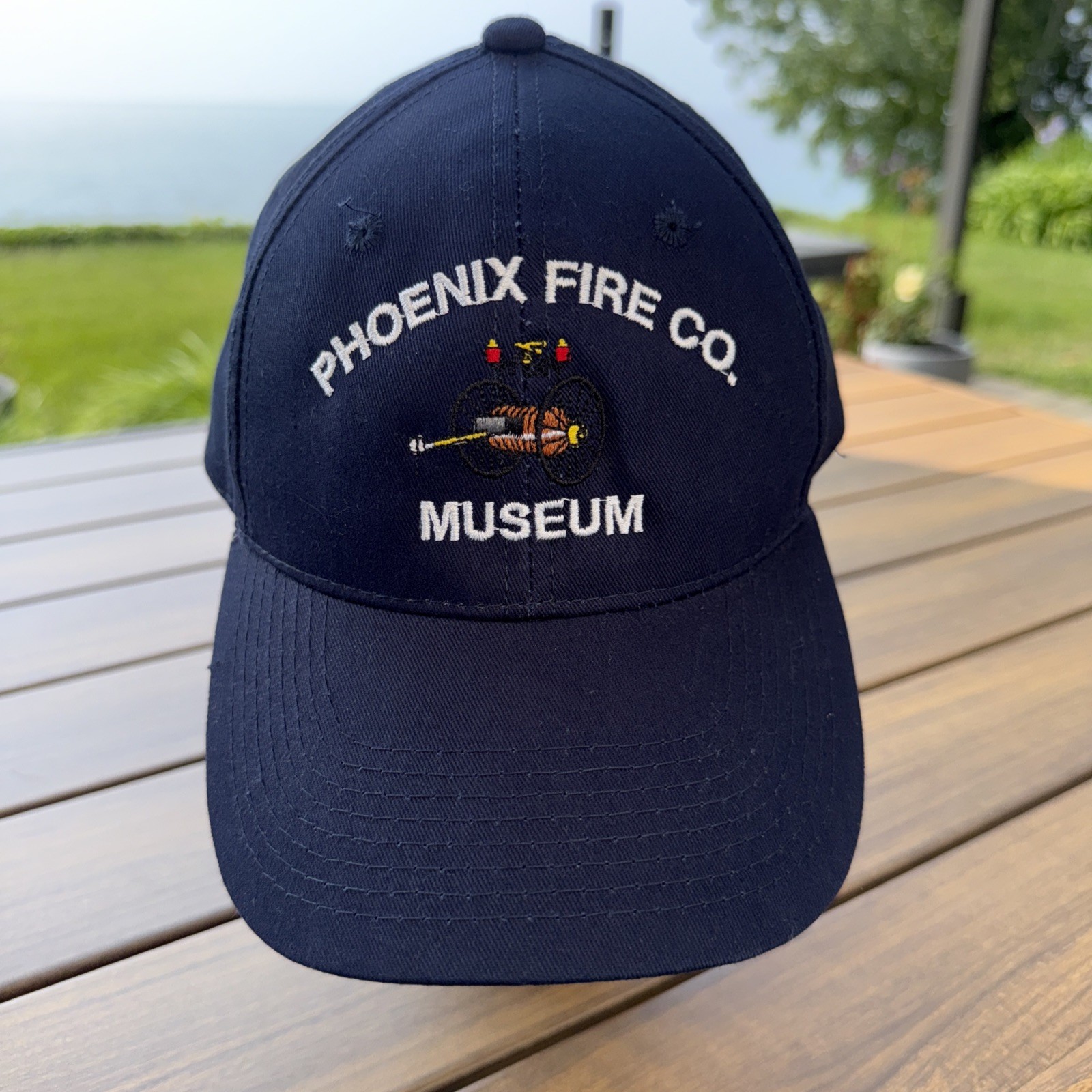 Phoenix Fire Co Museum White on Navy Hat Cap Hook Loop EUC Antique Fire Piece