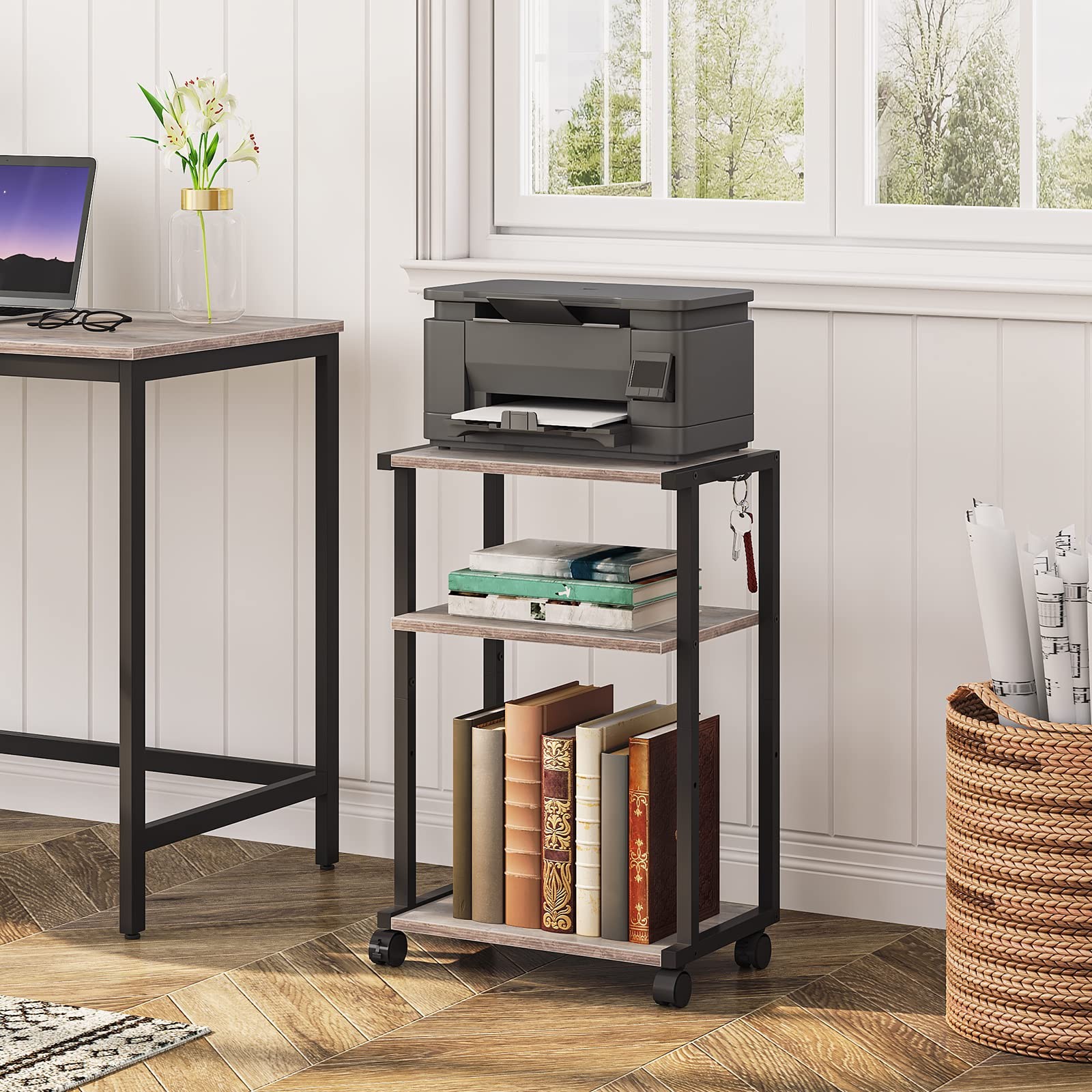 BG28PS01N1 3Tier Industrial Adjustable Mobile Rolling Printer Stand Cart Table