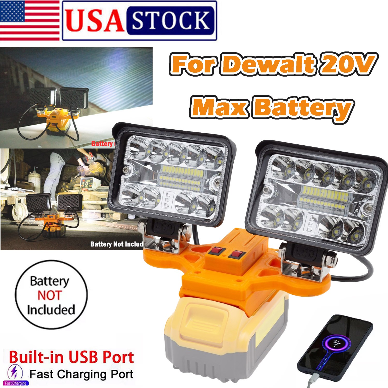 5600LM Dual Head LED Work Light For Dewalt 20V Battery w/USB Charge Floodlight
