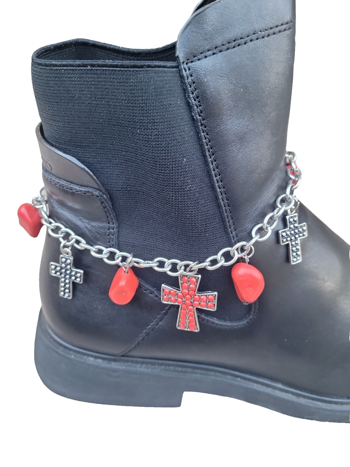 Silver Finish Boot Chain Bracelet Shoe Charm Cross Burgundy Stone Chain
