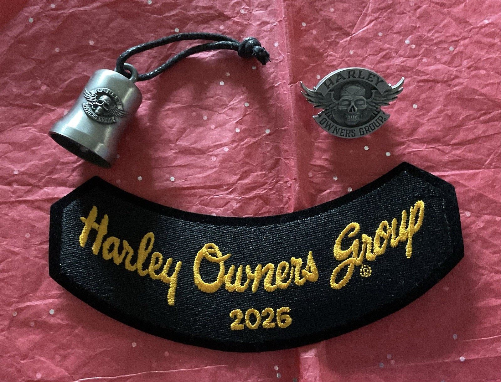 2026 Harley Owners Group - Rocker Patch, Pin & Bell - Lot Of 3