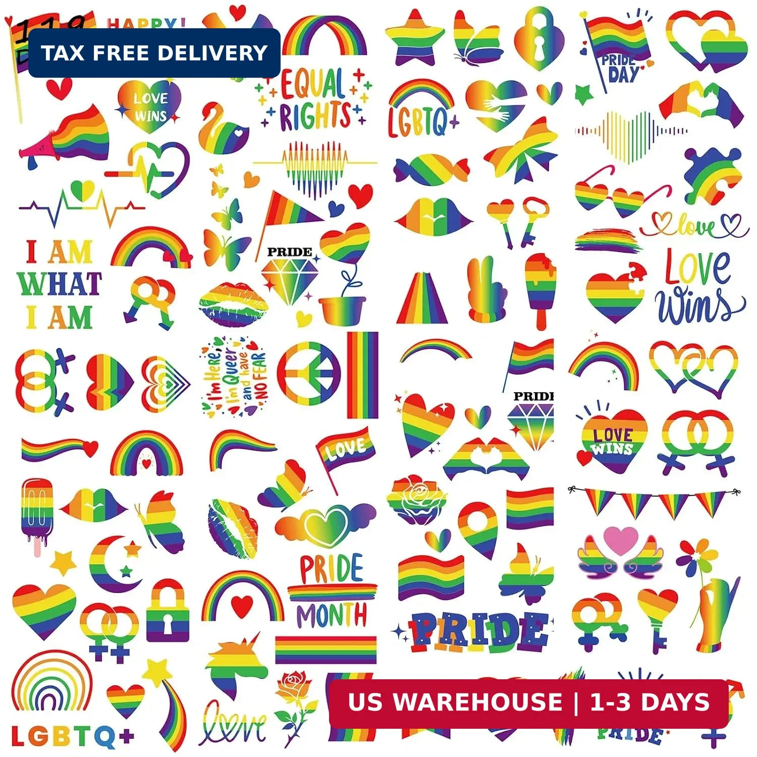 119Pcs Pride Rainbow Temporary Tattoos - Gay Pride Rainbow Flag Temp Tattoos Sti