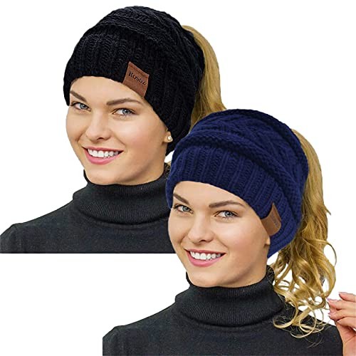 2 Pack Ponytail Beanie for Women,Winter Warm 7 3/4-7 7/8 2pack-black/Dark Blue