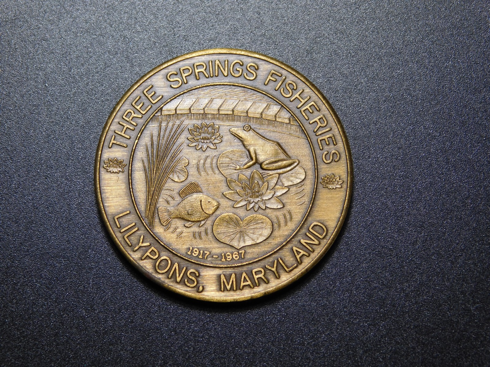 TOKEN MEDAL 1917-1967 THREE SPRINGS FISHERIES LILYPONS MARYLAND 50th ANNIVERSARY
