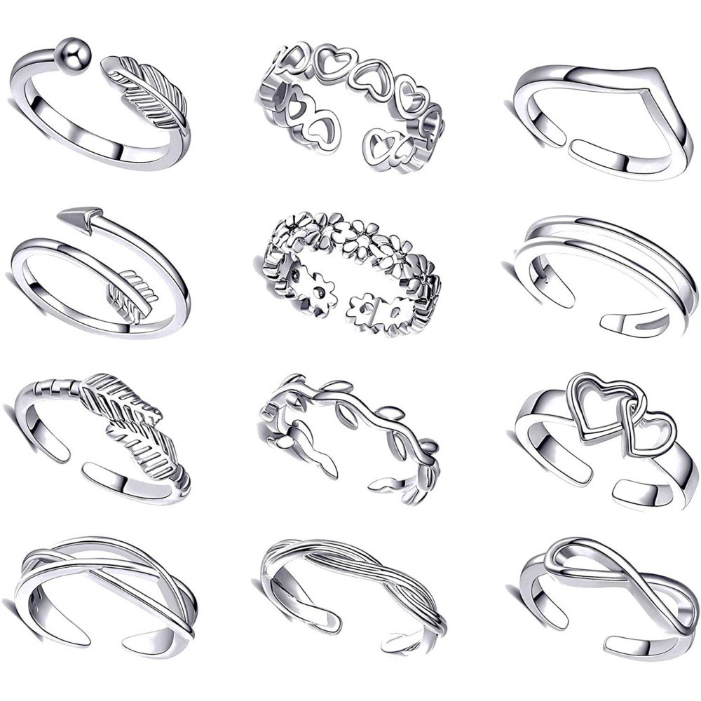 12x Women Adjustable Toe Ring Band Through Heart Open Toe Ring Foot Finger Rings