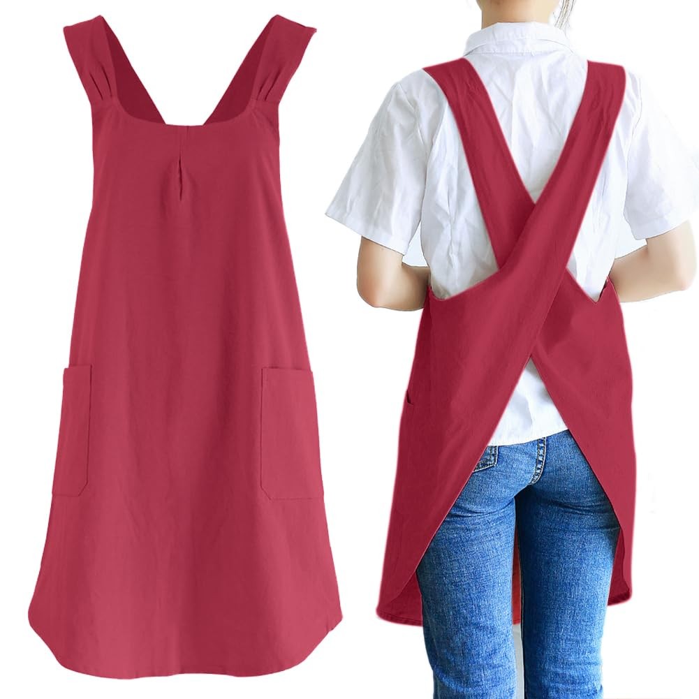NEWGEM Japanese Linen Cross Back Kitchen One Size, 05 - Women's Dark Red