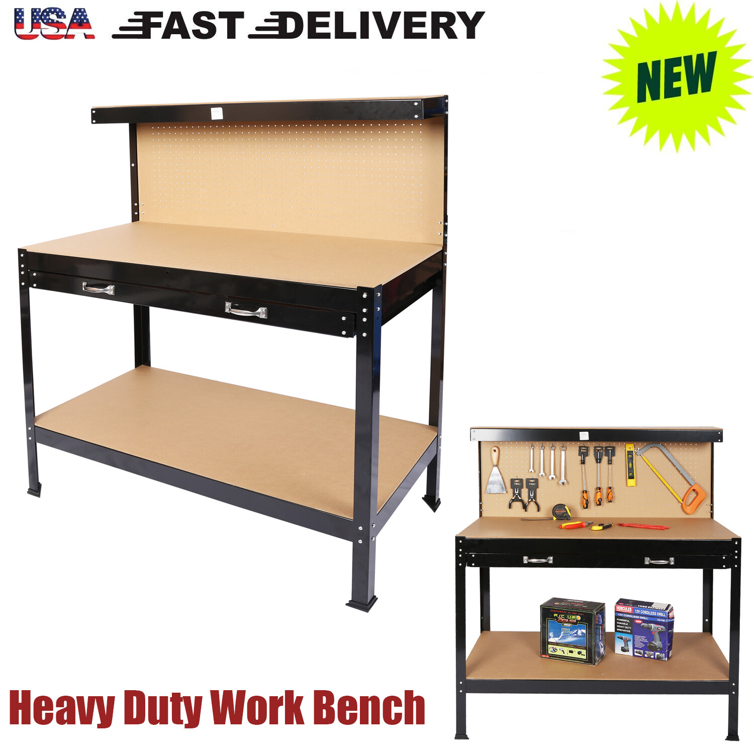 Workshop Table Work Bench Garage Steel Tool Storage Drawers Shelves PegBoard