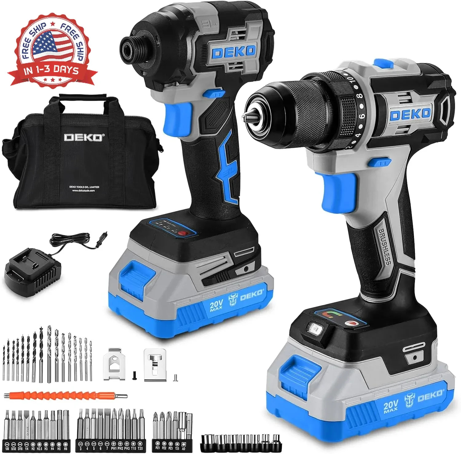 Cordless Drill & Impact Driver: DEKOPRO 20V Brushless Power Drill and 20V Brushl