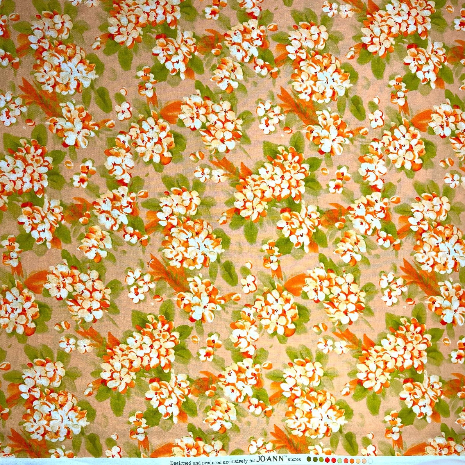 Orchids Floral Fabric by Joann Orange Peach Green and White 100% Cotton
