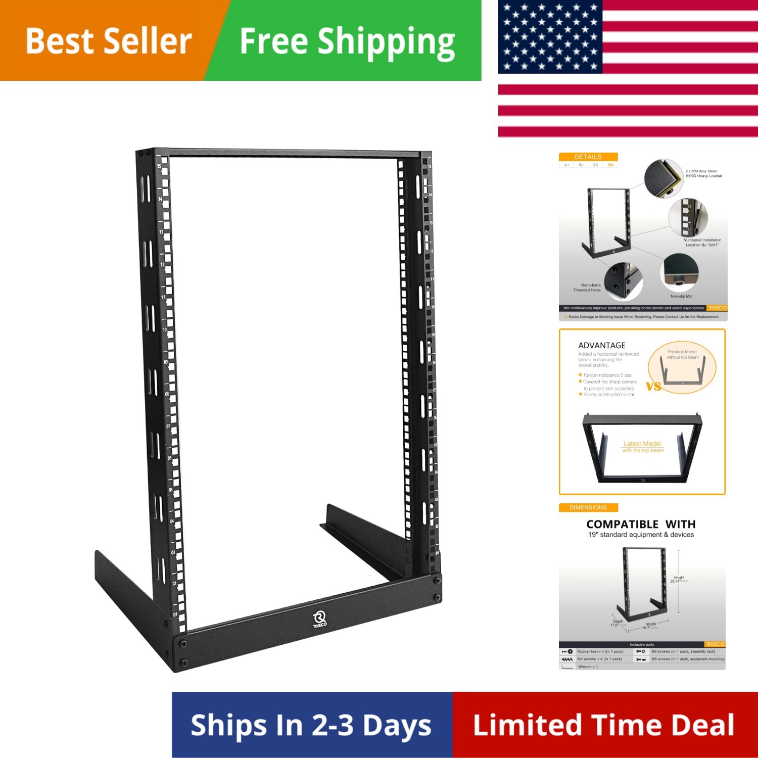 15U Desktop Rack for Audio & Network Devices 19 Inch 2 Post Open Frame Shelf ...