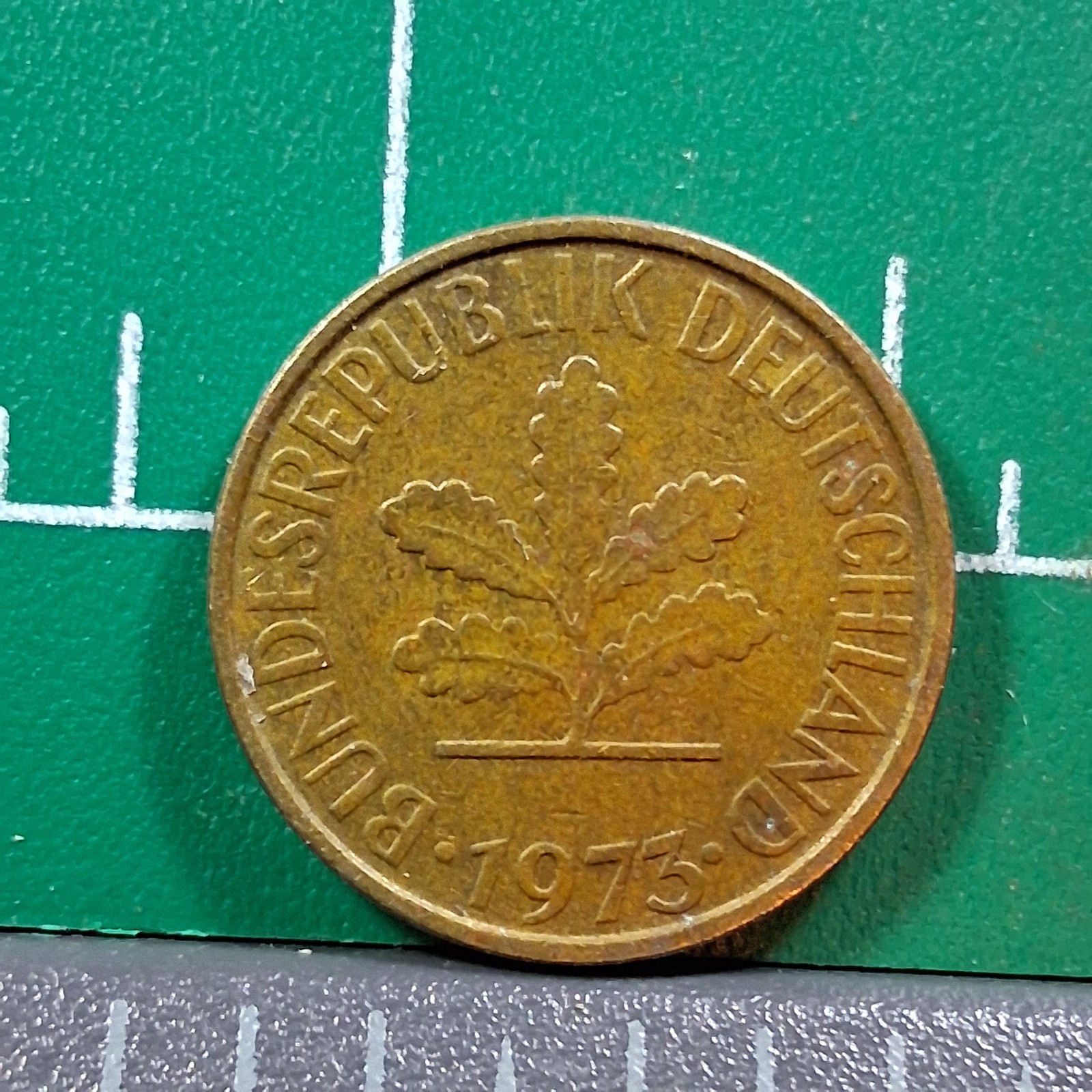 1973-F Germany 5 Pfennig Oak Seedling / Rye Grain Brass-Plated Coin