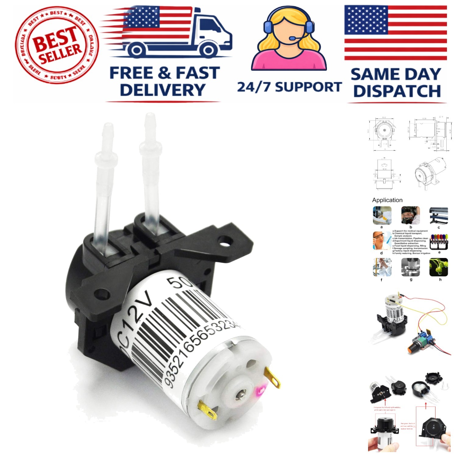 Versatile 12V DC Dosing Pump with Easy Snap-In Design - Ideal for Aquariums