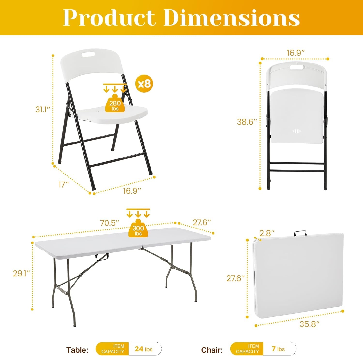 70.5" Foldable Outdoor Dining Set with 8 Fully assembled Dining Chairs for Easy