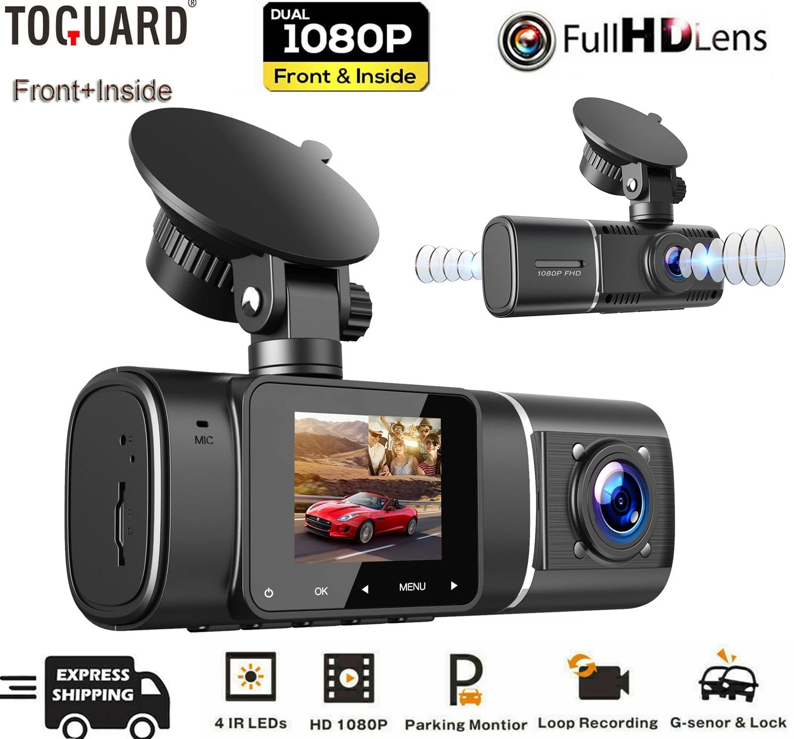 TOGUARD Dual Lens Dash Cam Front and Inside Car Camera 1080P IR Night Vision