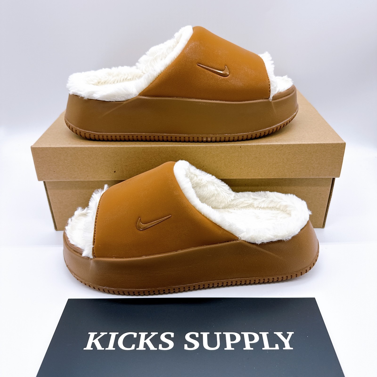 Nike WMNS Calm Elevation FUR Sandals HV8560-200 Light British Tan Women's US 6-9