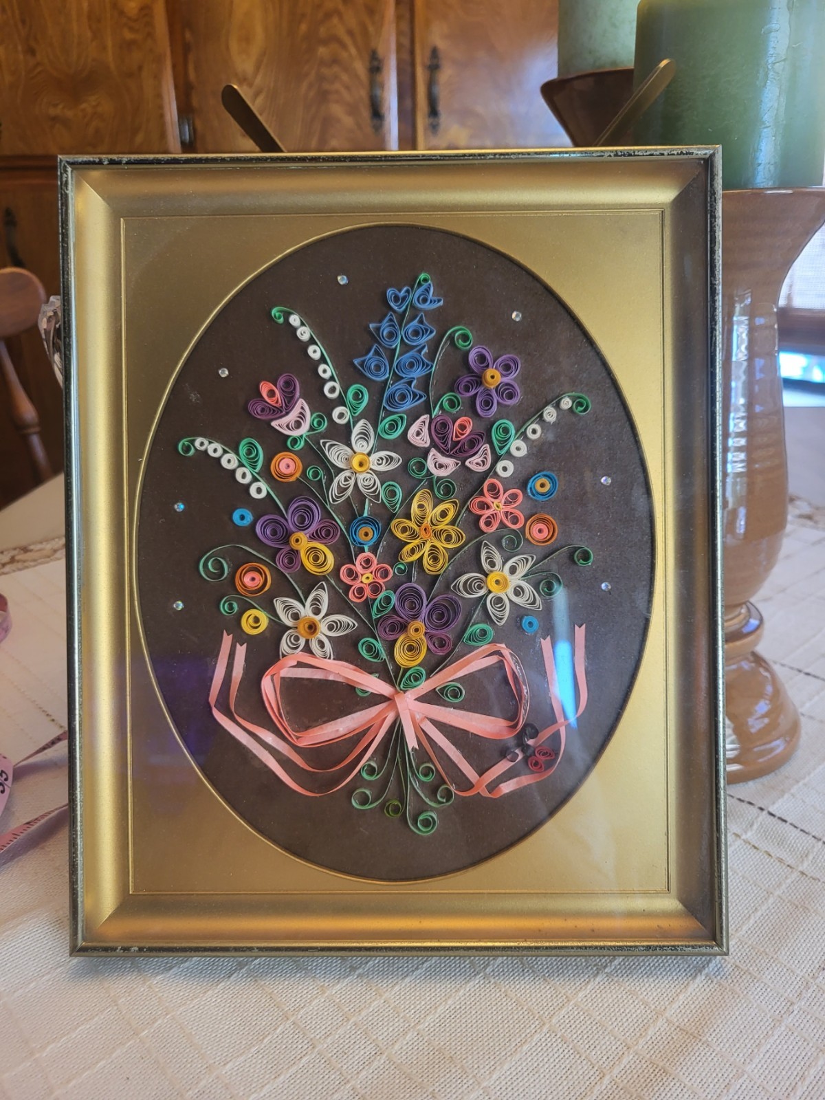 Rolled Paper Art, Floral Framed Vintage Unique Find, 9x11"