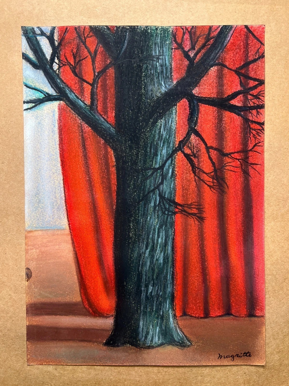 Rene Magritte (Handmade) Drawing On old Paper Signed & Stamped Mixed Media