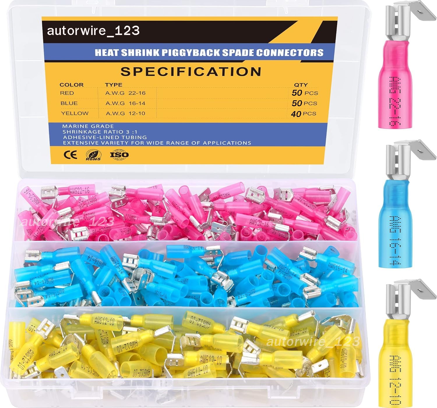 140PCS 3 Way 22-10A WG Wire Connectors Heat Shrink Piggyback Spade Terminals kit