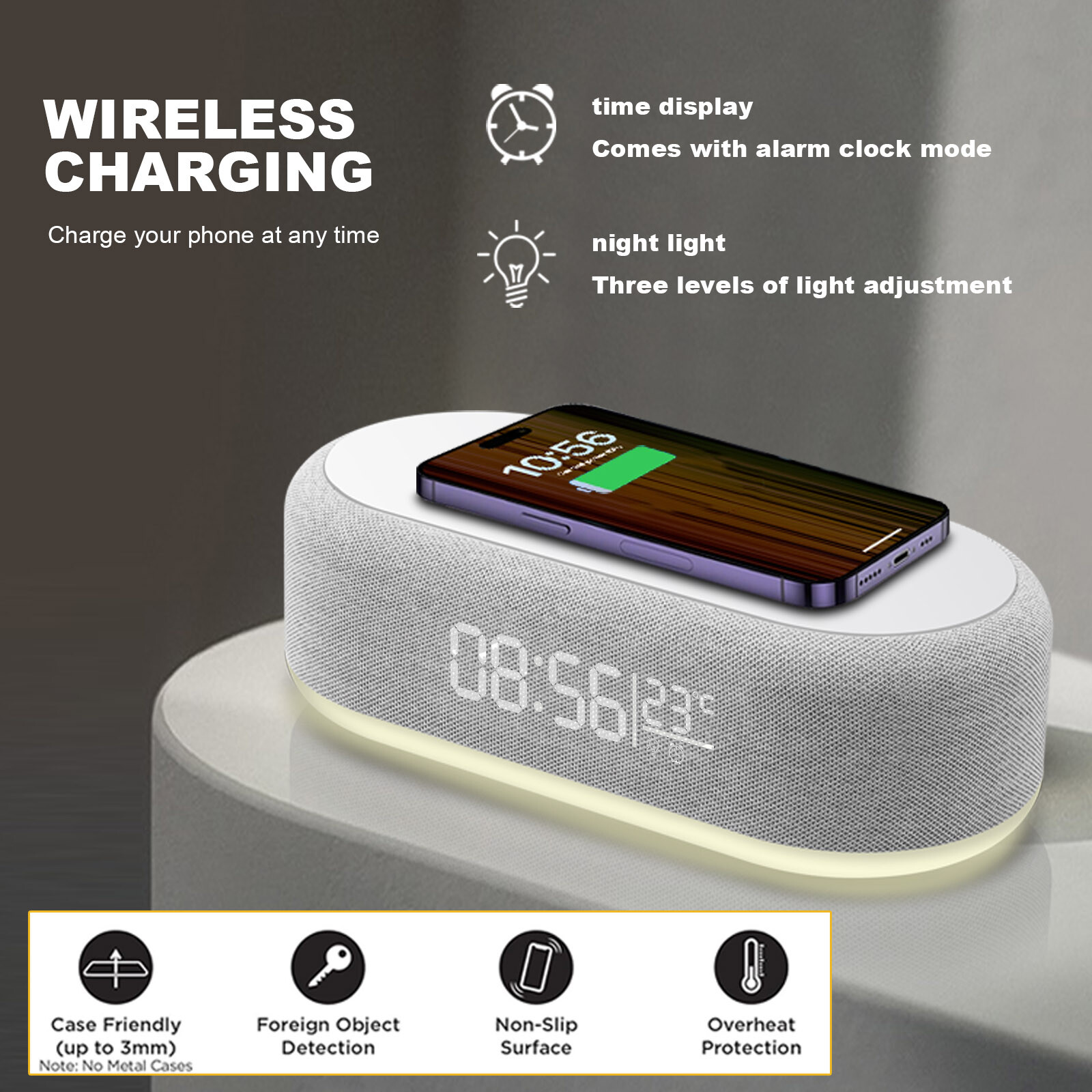 15W Wireless Charger Charging Station with Alarm Clock For Apple iPhone Samsung