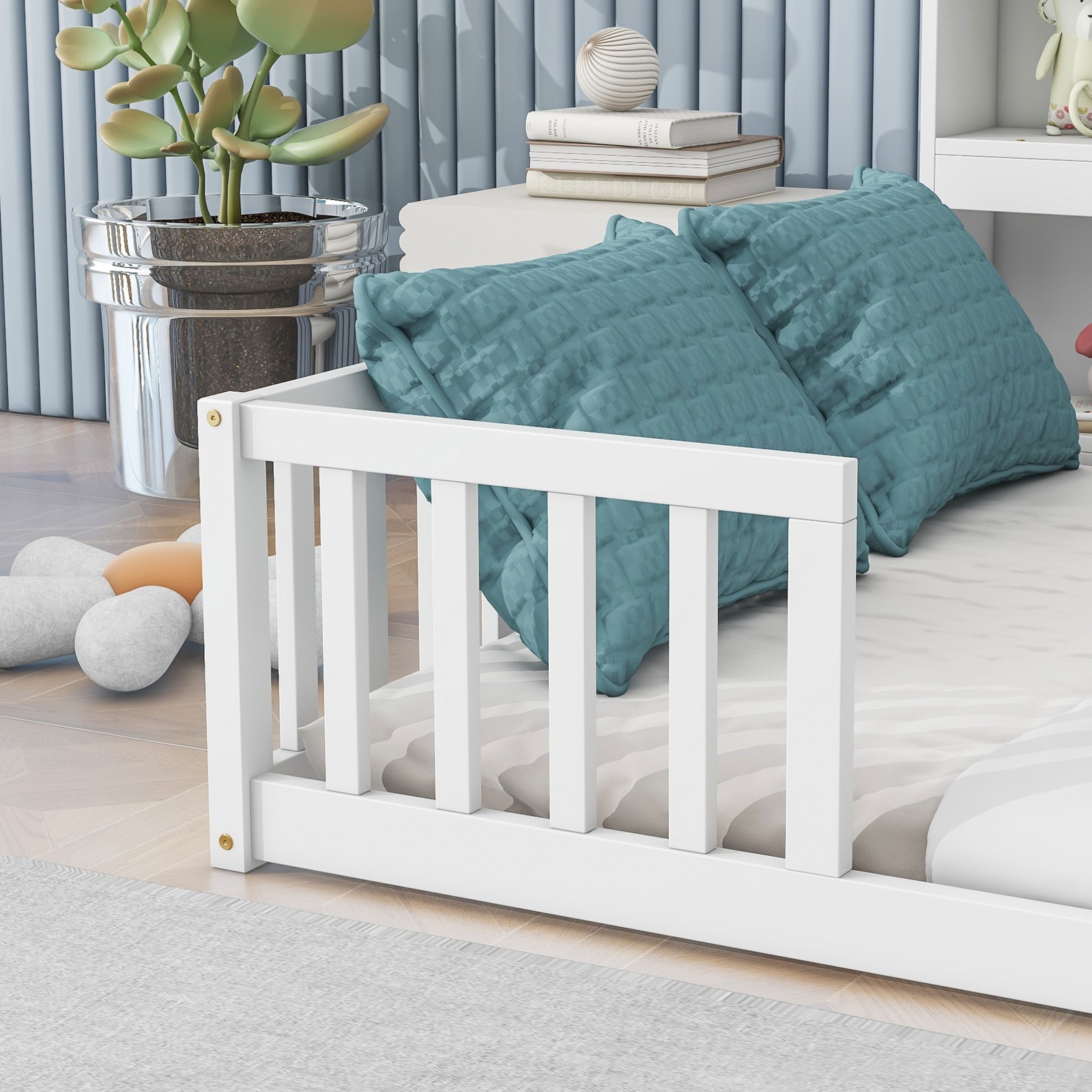 Full Size Floor Bed w/ Bookcase & Guardrails, White, Sturdy Pine Frame