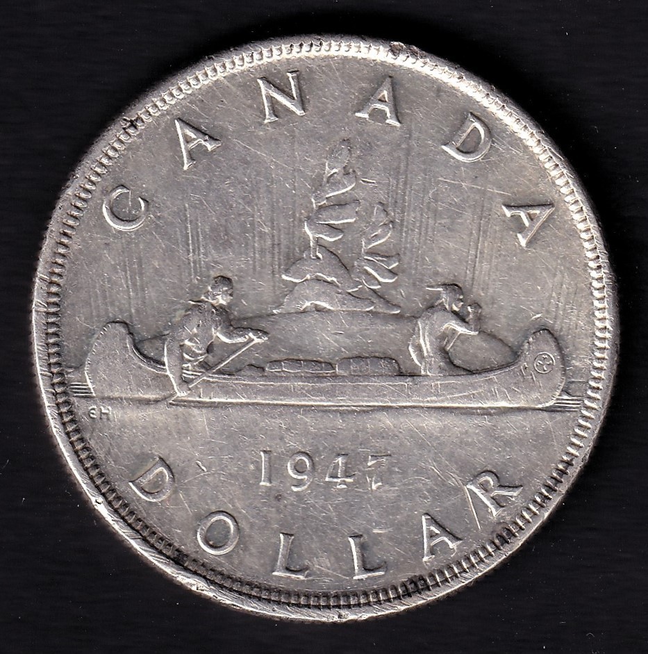 Canada 1947 $1 One Silver Dollar Coin King George VI .800 Silver VF Blunt 7