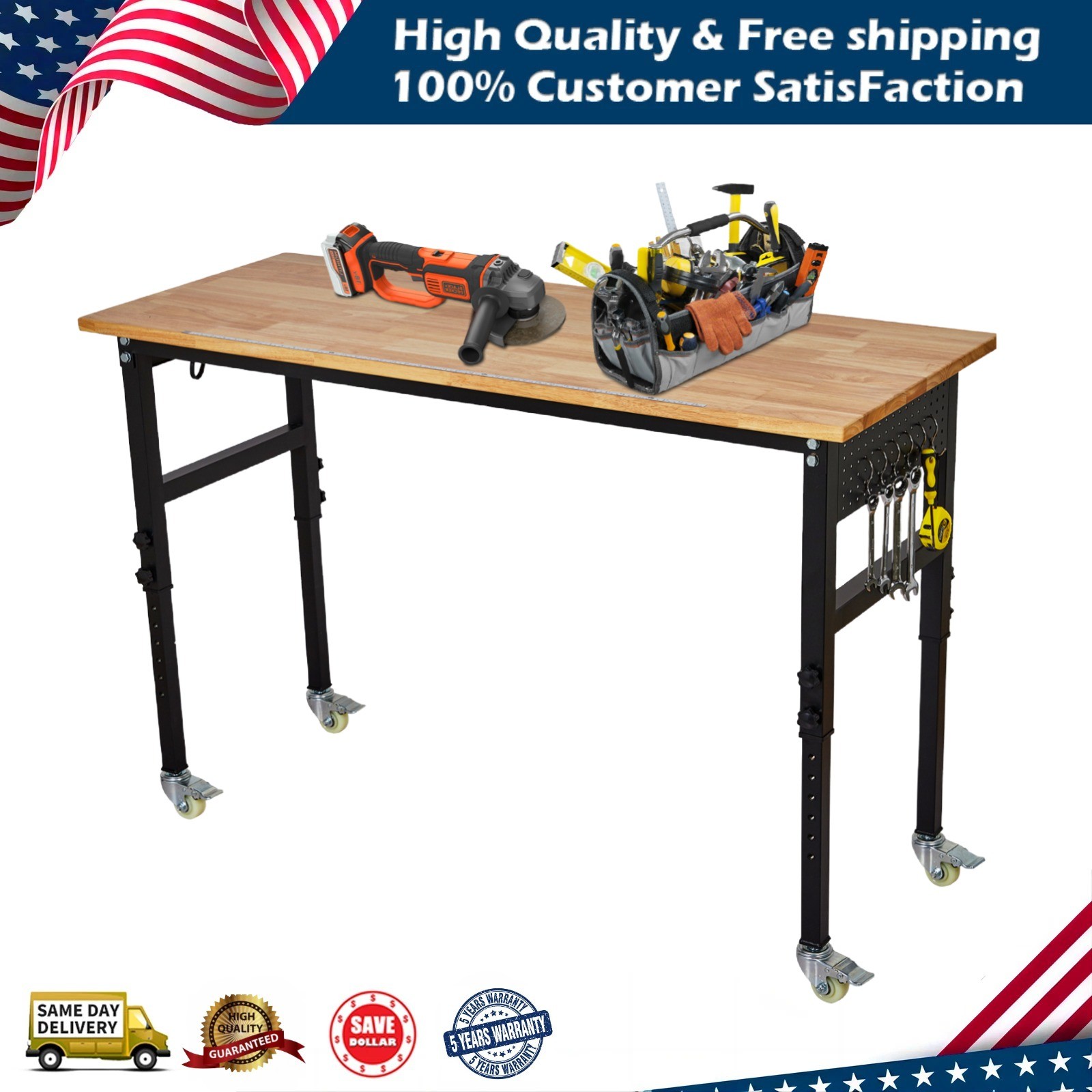 48"X24" Adjustable Workbench with Power Outlet & Wheels Rubber Wood Work Table