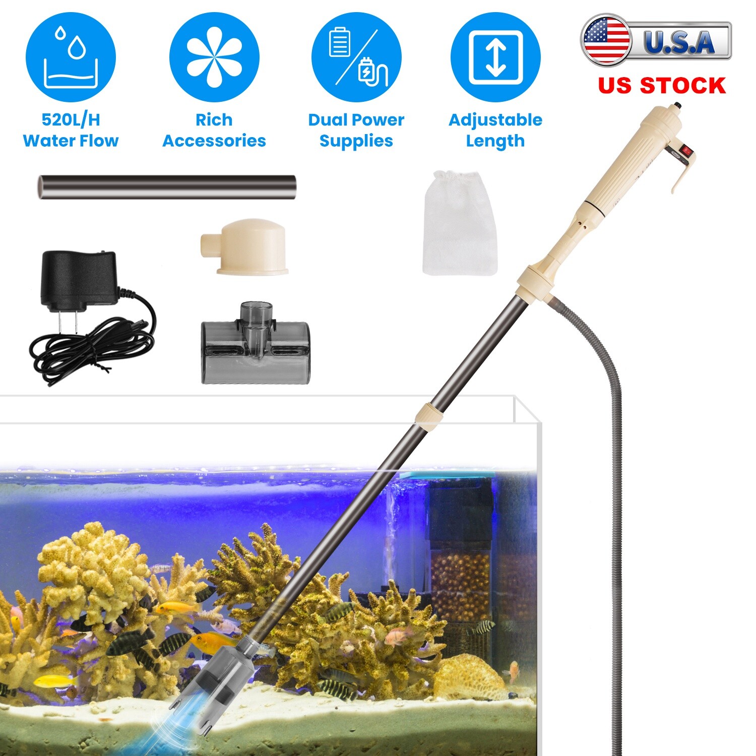 Electric Aquarium Gravel Cleaner Kit 37inch Automatic Fish Tank Vacuum Cleaner
