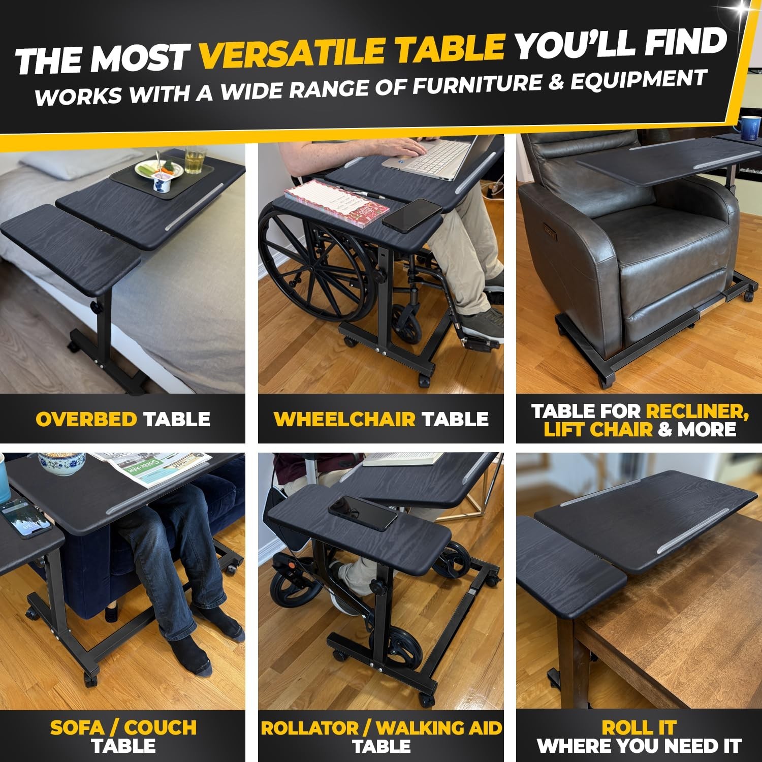 Recliner Table, Over the Bed Table with Wheels, Adjustable Width & Height, wi...