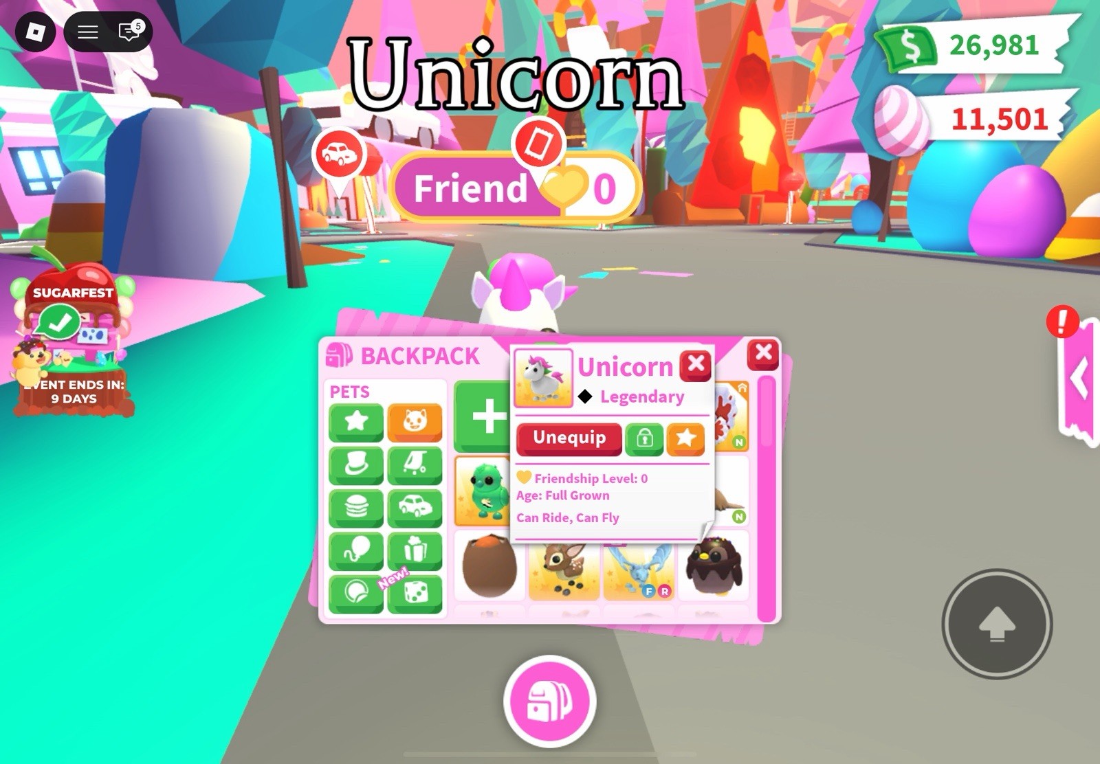 Adopt Me! Legendary Unicorn Full Grown Can Ride Can Fly Virtual Game Item