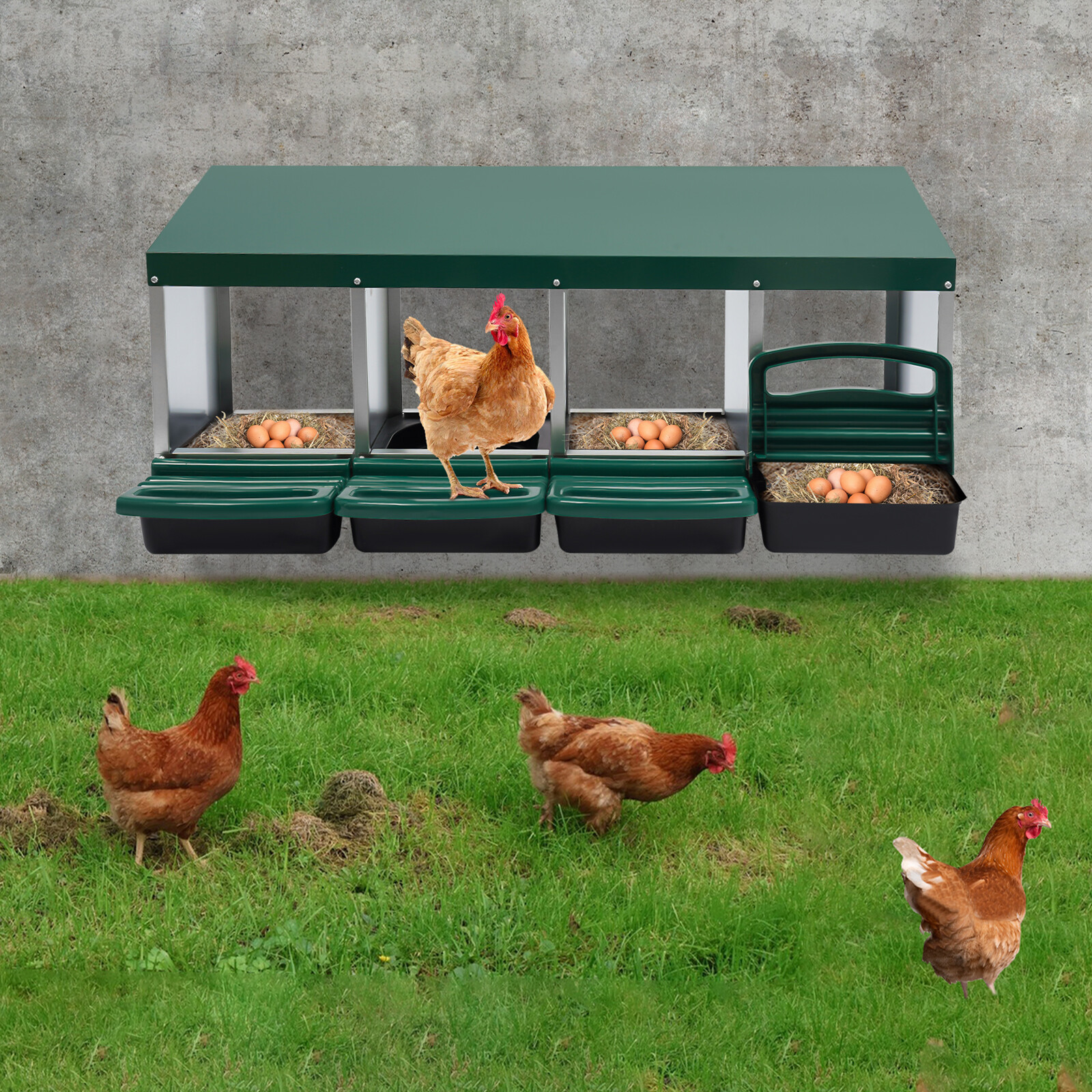 4-grid Green Chicken Nesting Box Chicken Eggs Laying Box with Egg Storage PP