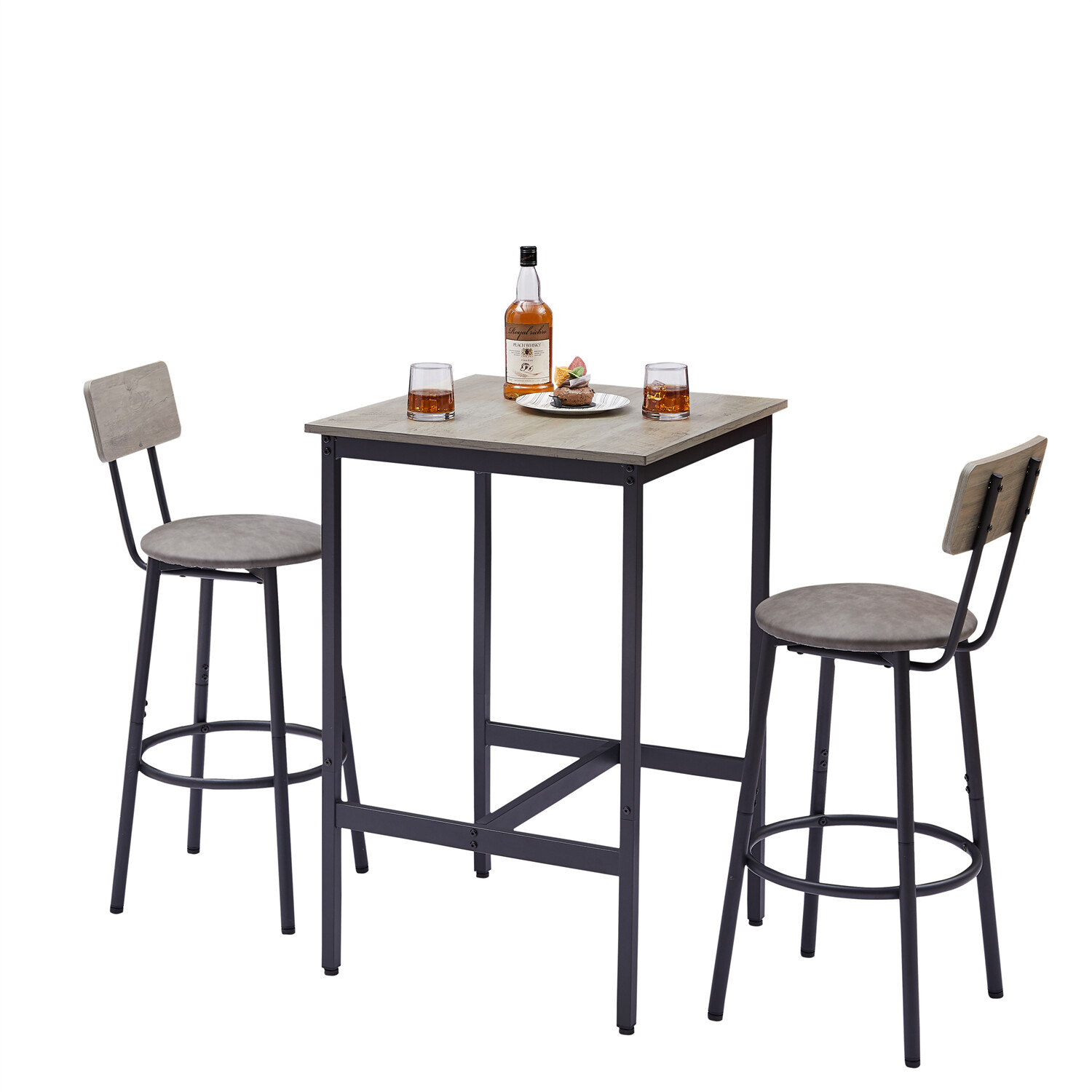 3 Piece Bar Table Set Counter Height Dining Kitchen Table w/ 2 Bar Stools Grey