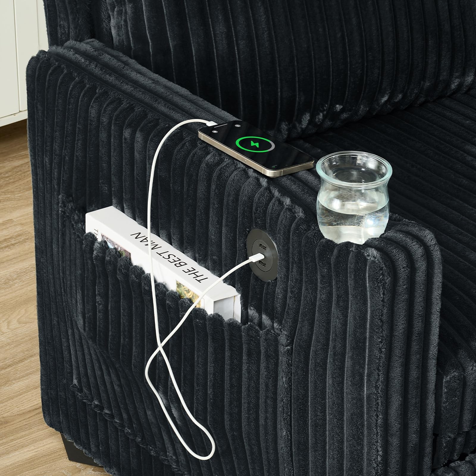 Pull Out Sofa Bed Convertible Corduroy Loveseat USB Charging Adjustable Black