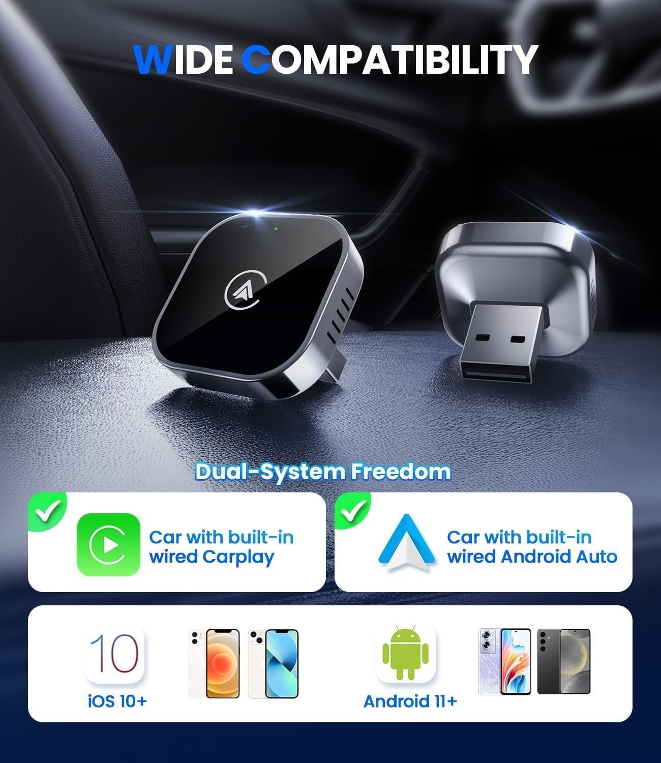 Teeran 2 in 1 Wireless CarPlay and Android Auto Adapter,