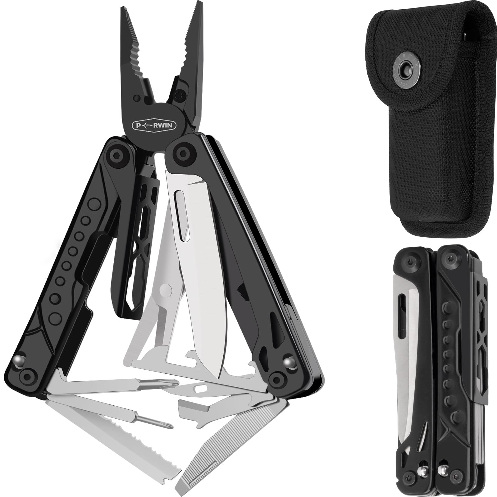 PERWIN Multitool, 20-in-1 Stainless Steel Multi Tools Pliers 20 in 1, Black