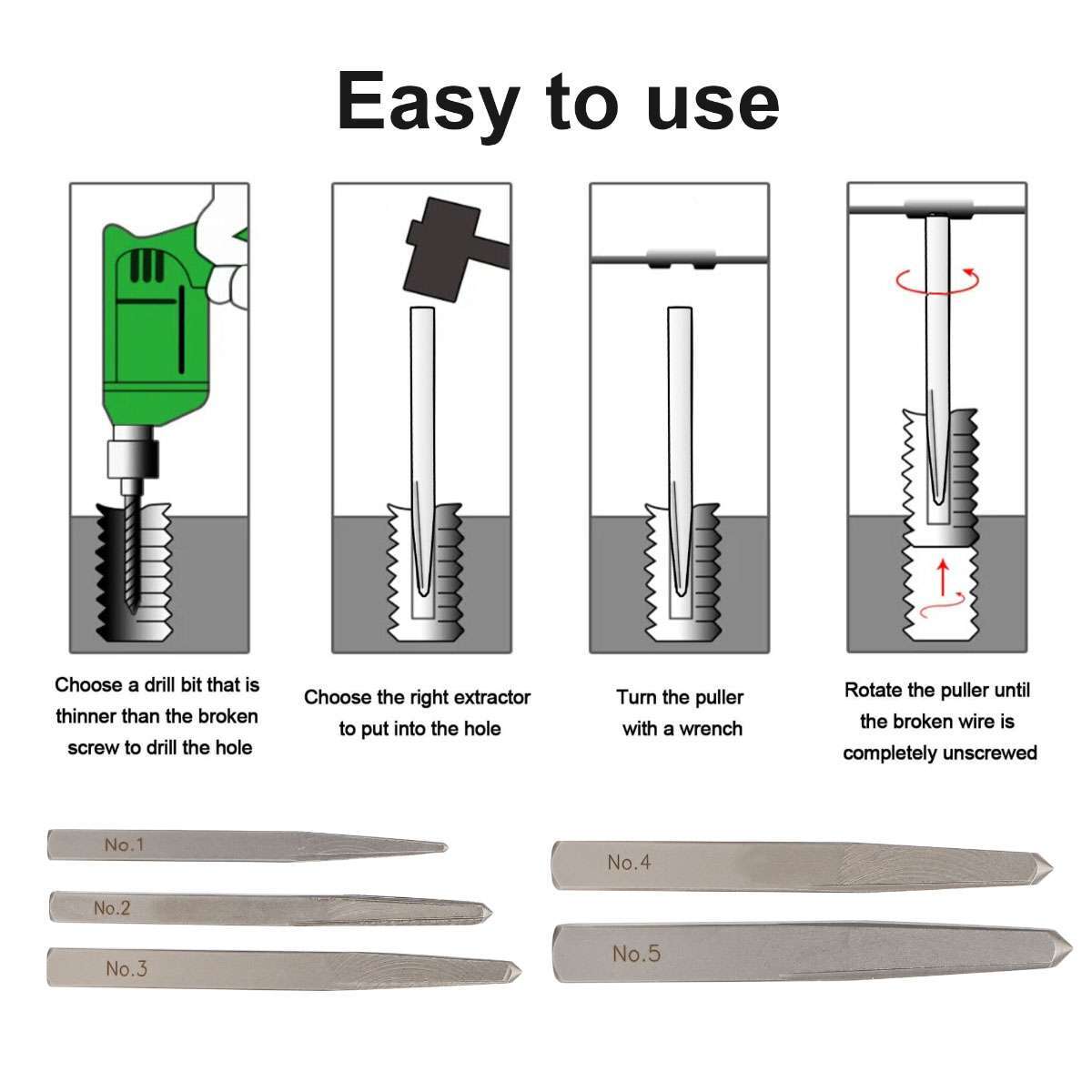 5 Pcs Screw Extractor Drill Square Easy Out Set Straight Fluted Extraction Tool
