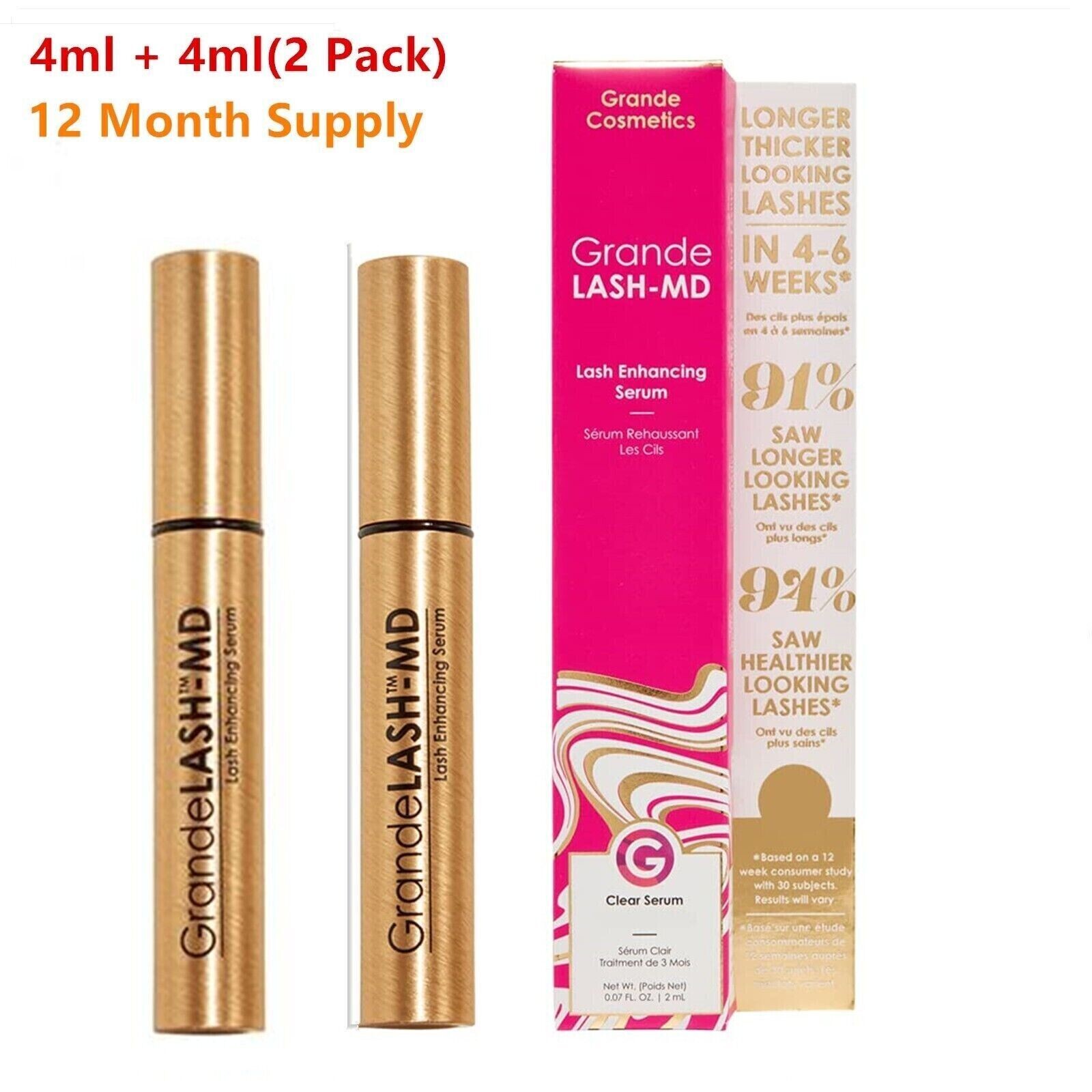 (4ml+4ml) GrandeLASH-MD Lash Enhancing Clear Serum EXP:12/27 6+6 Month Supply