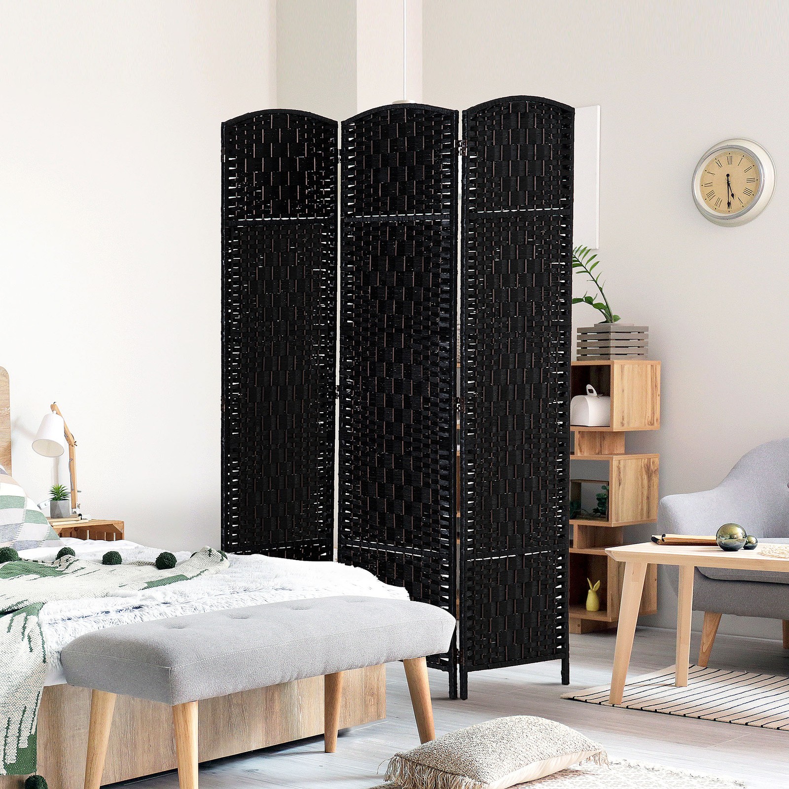 HOMCOM 3 Weave Panel Room Divider Privacy Folding Screen Diamond Decor Black