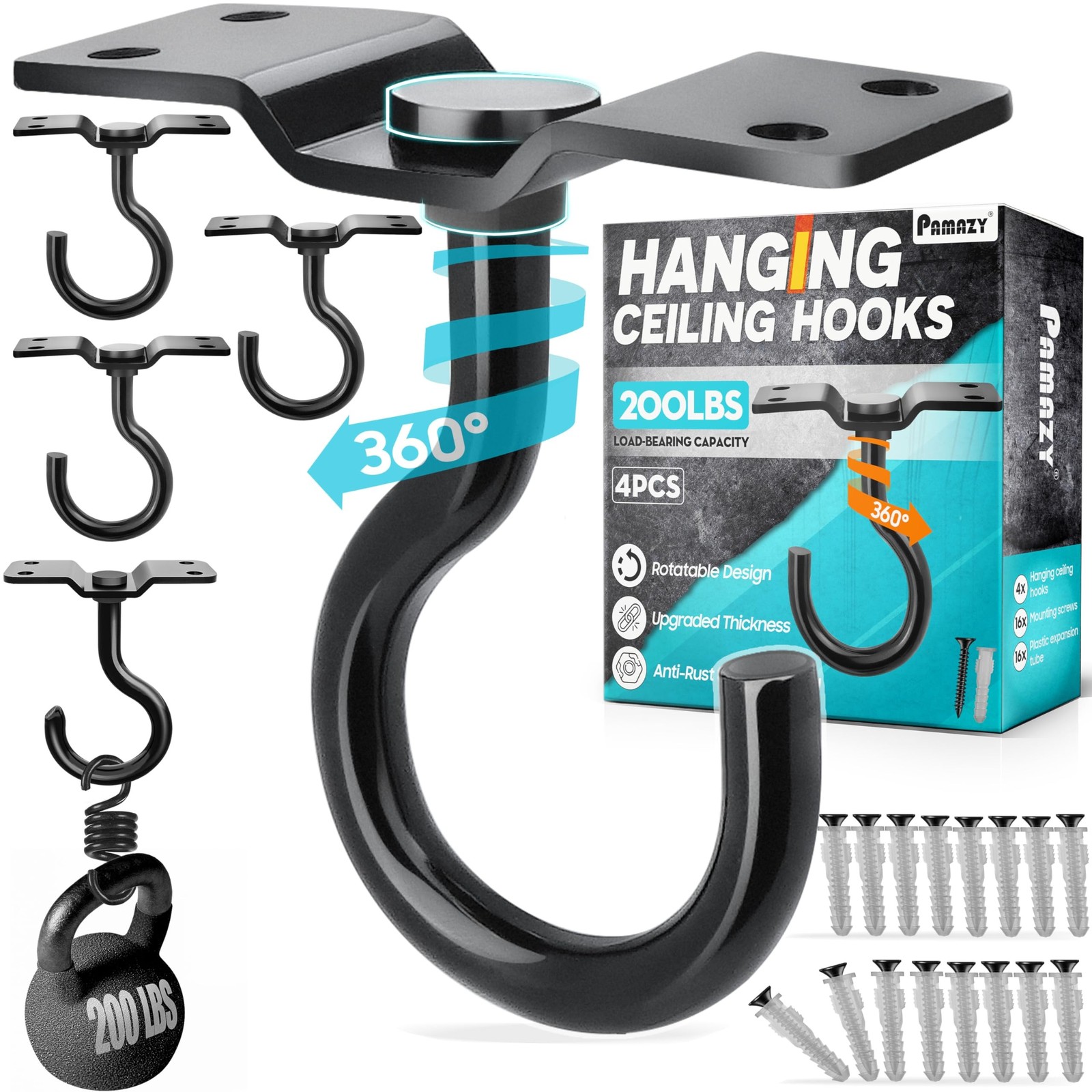 [UPGRADED] 4Pcs 200LBS Rotatable Ceiling Hooks with 4 Screw Points Base, Wall...