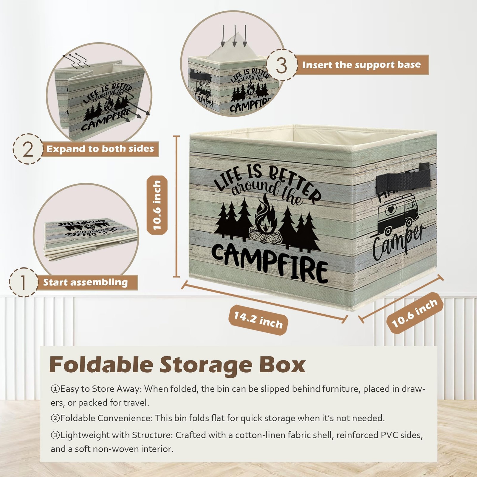 Rustic Camping Storage Box Bins, Life Is Better Around the Campfire Collapsib...