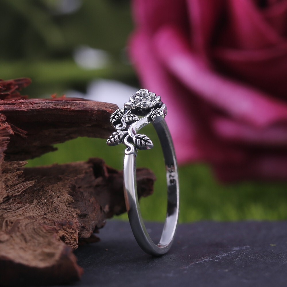 Ethnic Style Dainty Rose Flower Promise Ring Silver Plated Vintage Style Ring