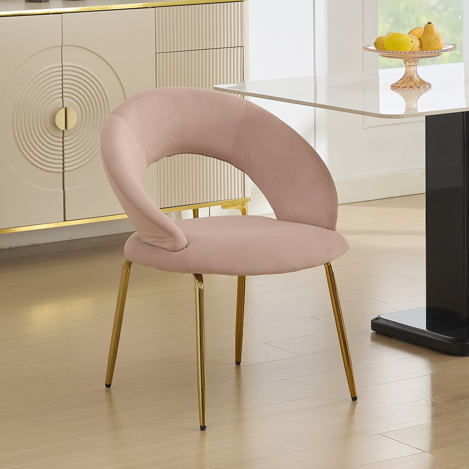 061-Set of 1 Velvet Fabric Dining Chairs With Curved Backrest and Golden Metal