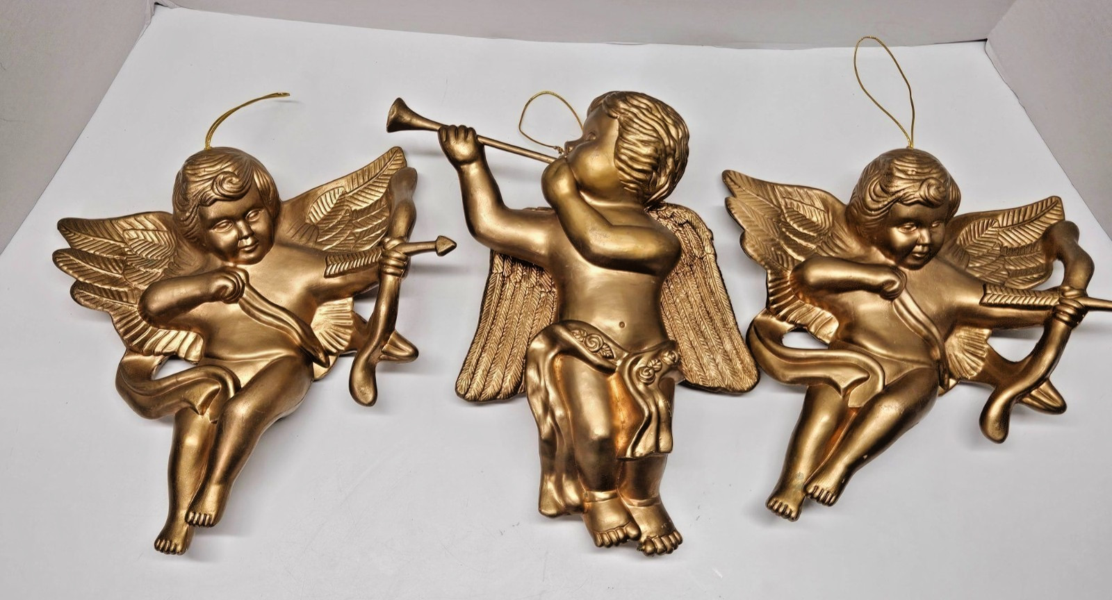 Set 3 Large Gold Cherub Wall Decor Angels Trumpet Bow Vintage Hanging Ornaments