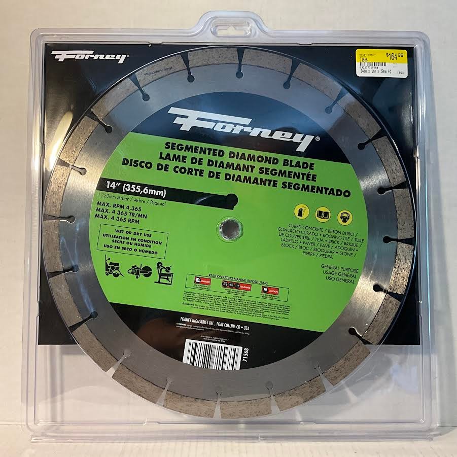 FORNEY 14" SEGMENTED DIAMOND BLADE NO. 71568 WITH  1" ARBOR (NEW IN PACKAGE)